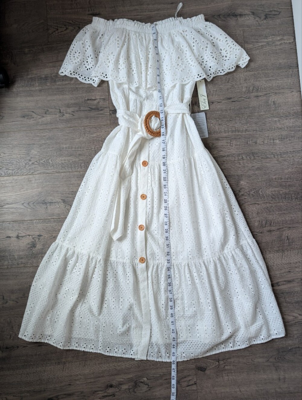 Eliza J Ivory White Off-Shoulder Eyelet Boho Cotton Midi Long Dress Belted Sz 4 - Picture 15 of 15